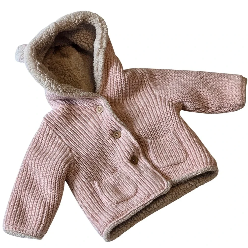 Baby Gap Pink Hooded Knit Jacket Sherpa Lined 3-6 Months
